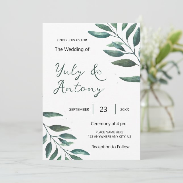 Invitation Eucalyptus Élégant Minimaliste Botanique Blanc (Debout devant)