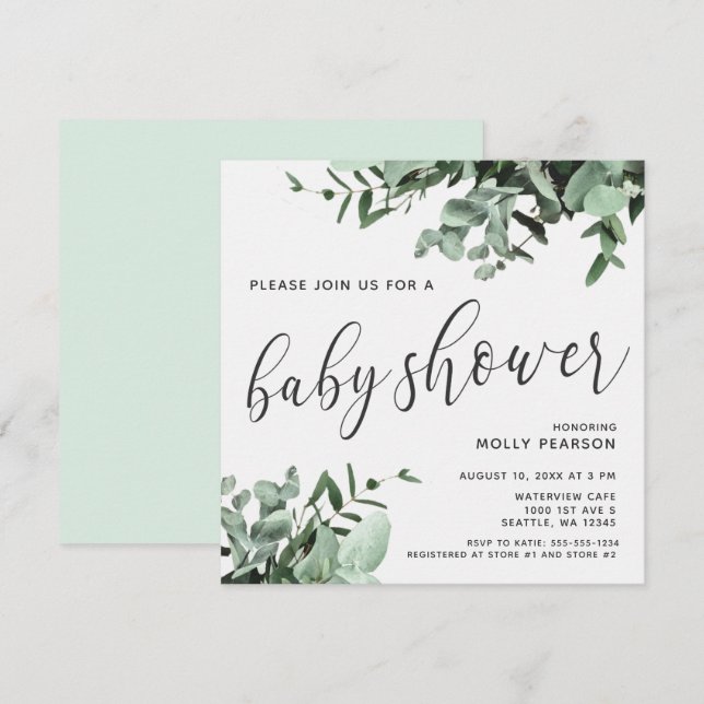Invitation Eucalyptus et Baby shower d'aquarelle botanique (Devant / Derrière)
