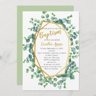 Invitation Eucalyptus et cadre d'or Baptême floral vert