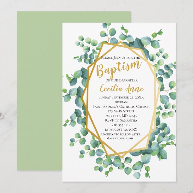 Invitation Eucalyptus et cadre doré Baptême floral vert (Devant / Derrière)