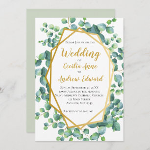Invitation Eucalyptus et Gold Frame Mariage floral vert