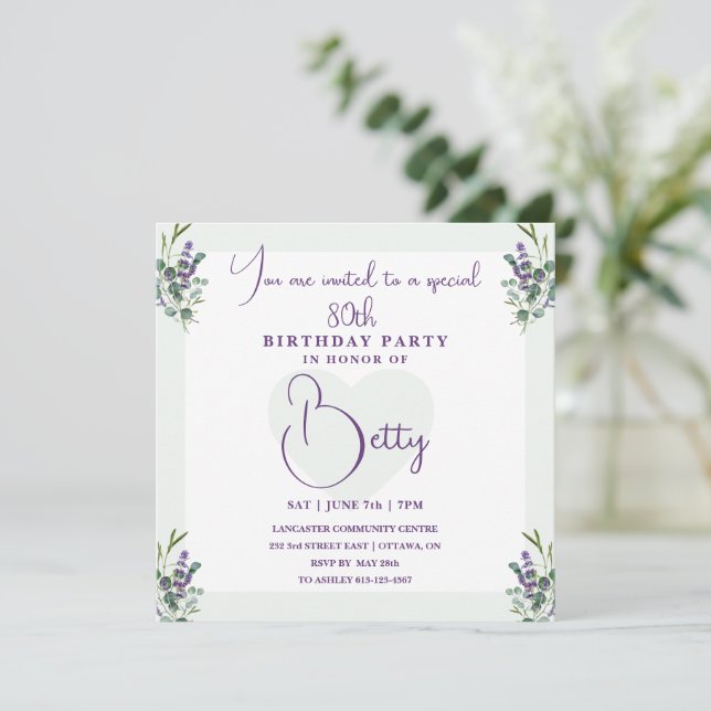 Invitation Eucalyptus et Lavande 100e Anniversaire (Debout devant)