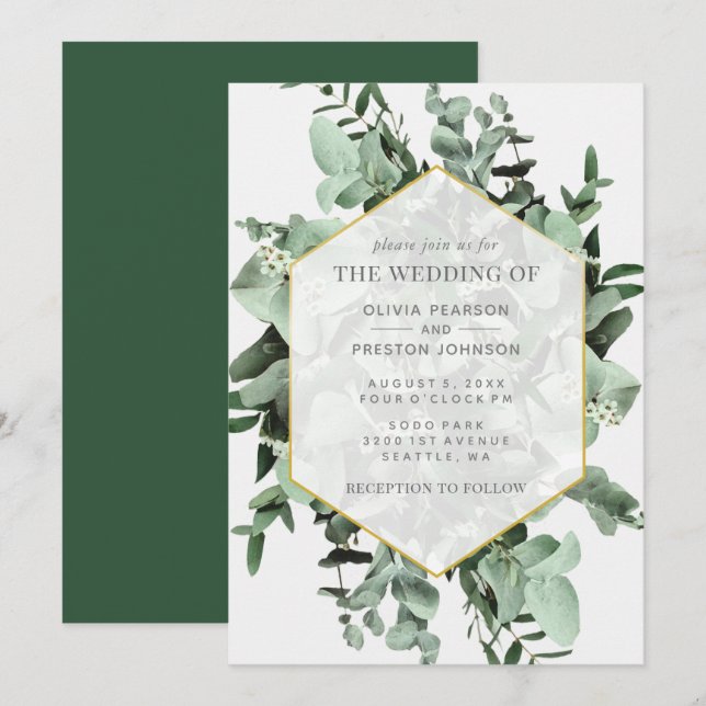 Invitation Eucalyptus et Mariage d'aquarelle verte (Devant / Derrière)