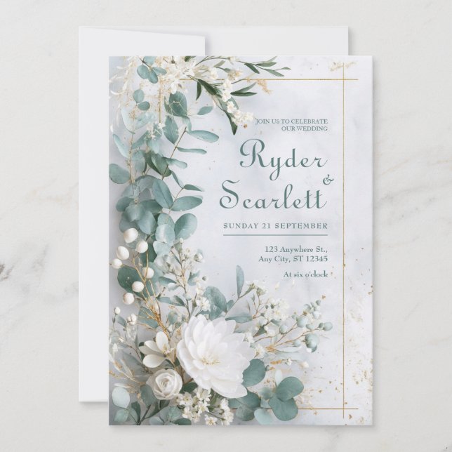 Invitation Eucalyptus et Mariage floral blanc (Devant)