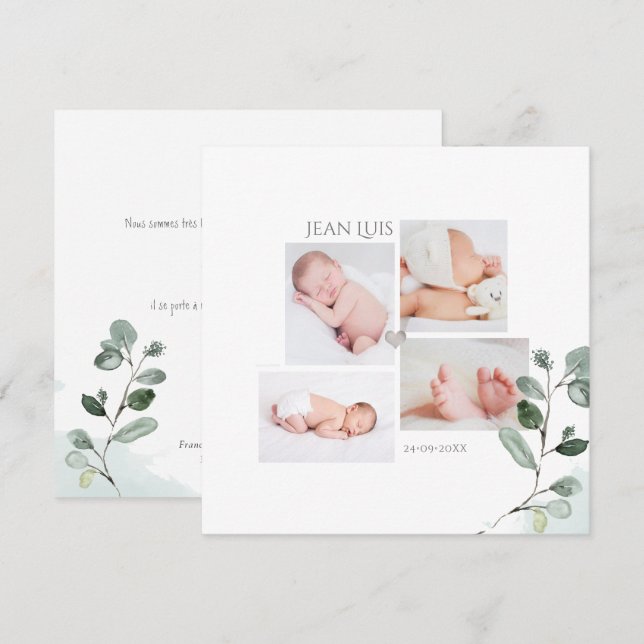 Invitation Eucalyptus Faire partie de Naissance Garçon (Devant / Derrière)