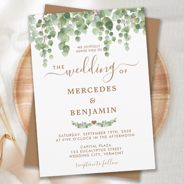 Invitation Eucalyptus Feuillage Elégant Mariage Or (Créateur téléchargé)