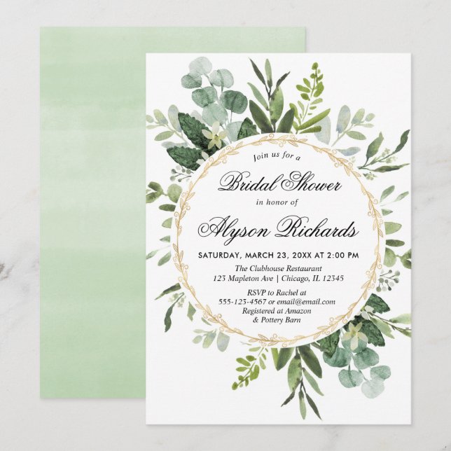 Invitation Eucalyptus feuillage nuptiale douche verte moderne (Devant / Derrière)