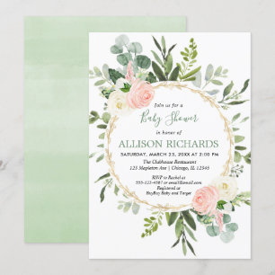 Invitation Eucalyptus feuillage or rose baby shower fille