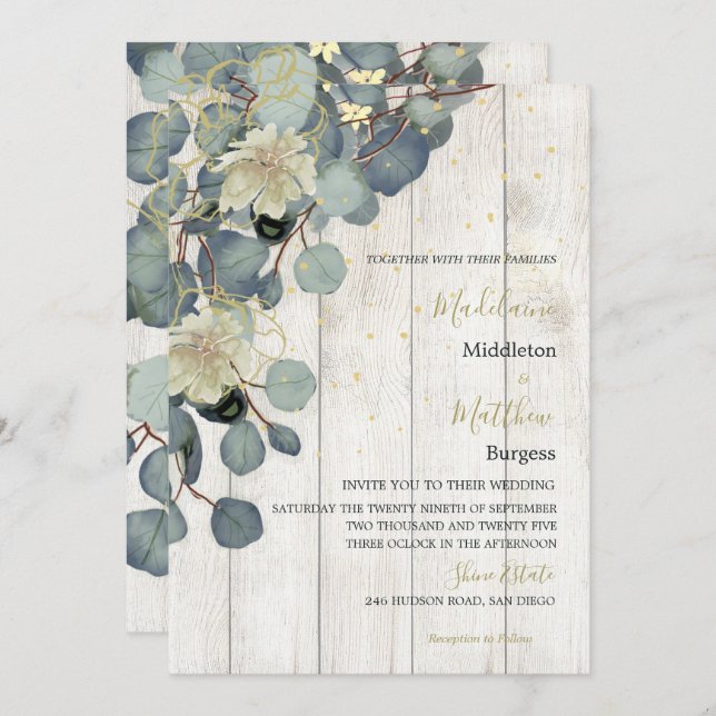 Invitation Eucalyptus Feuille Floral Rustique Mariage or bois (Devant / Derrière)