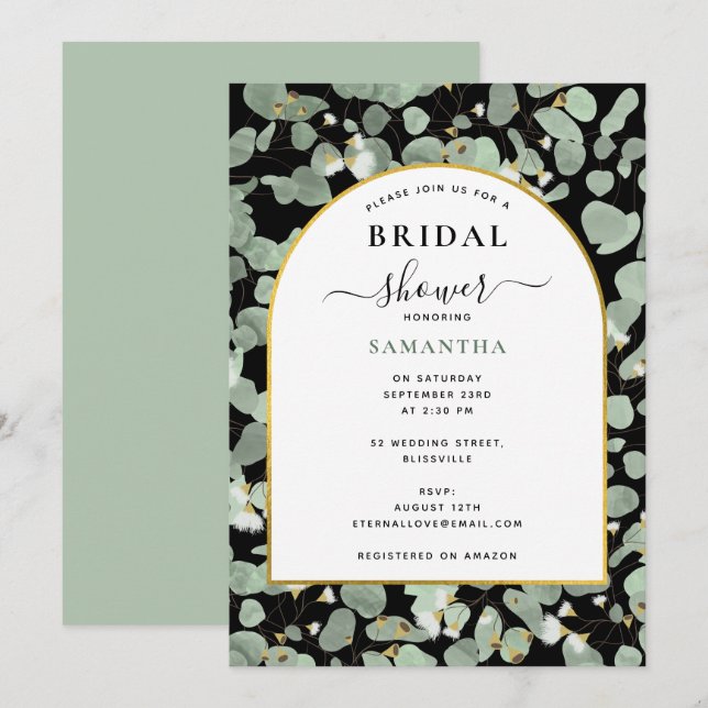 Invitation Eucalyptus Feuille Gold Black Boho Fête des mariée (Devant / Derrière)