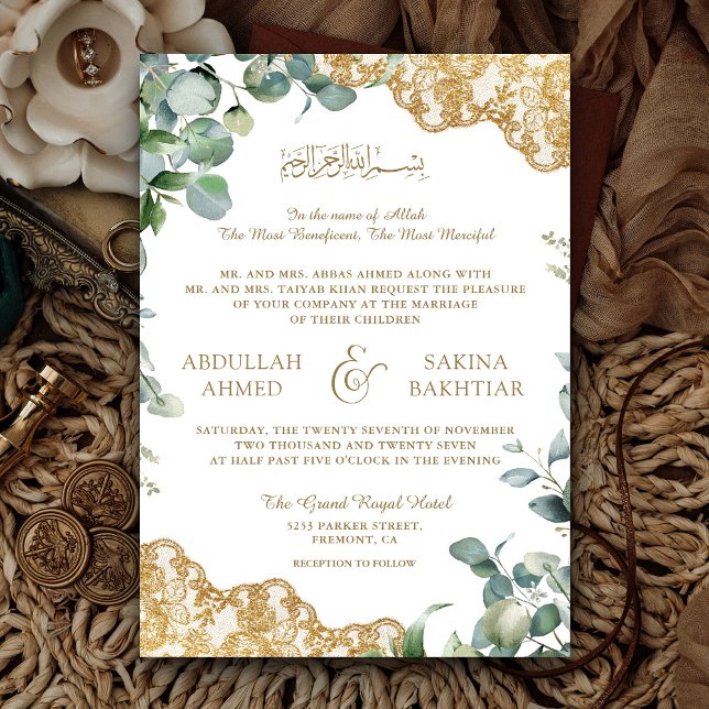Invitation Eucalyptus Feuille Gold Lace QR Code Mariage musul (Créateur téléchargé)