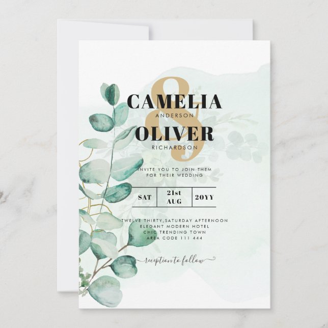 Invitation Eucalyptus Feuille Mariage vert QR CODE Moderne (Devant)