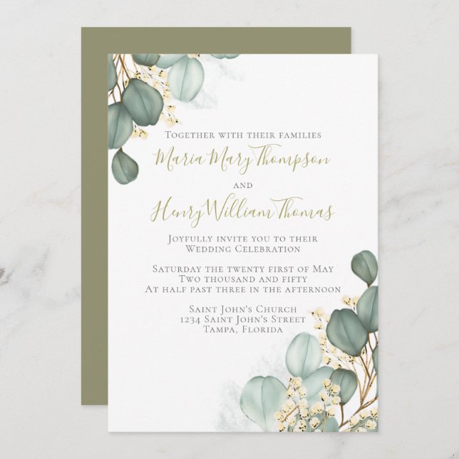 Invitation Eucalyptus Feuilles minimaliste Aquarelle Élégante (Devant / Derrière)