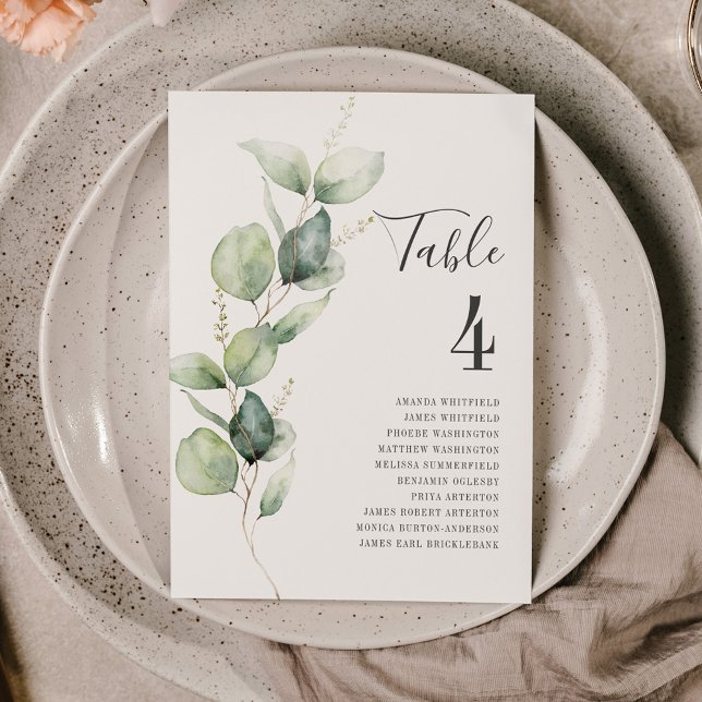 Invitation Eucalyptus Feuilles Tableau Numéro 4 Siège Mariage (Eucalyptus Script Wedding Table Number Card)