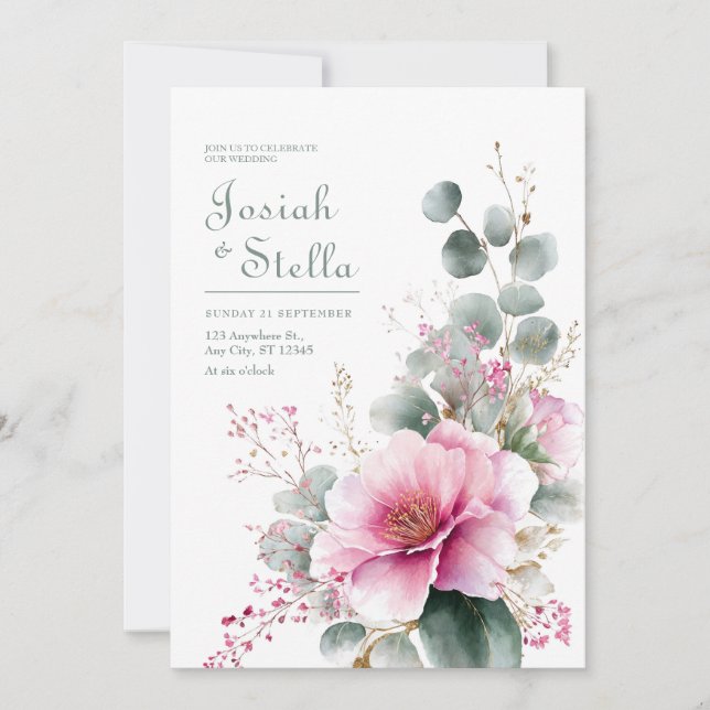 Invitation Eucalyptus Fleur Rose Pailleté Or Aquarelle (Devant)