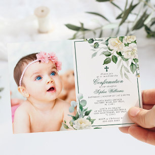 Invitation Eucalyptus Fleurs Blanches Photo Fille Confirmatio