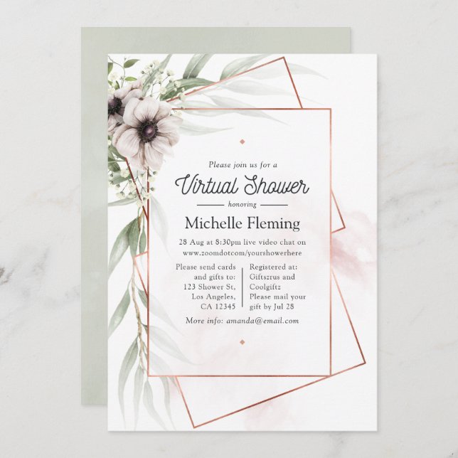 Invitation Eucalyptus Floral Baby shower virtuel géométrique (Devant / Derrière)