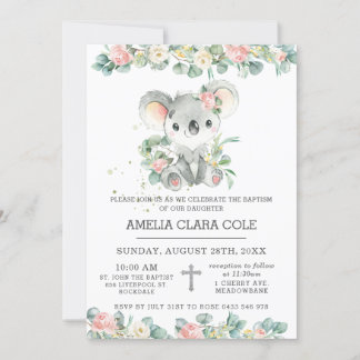 Invitation Eucalyptus Floral Cute Koala Baptême Christening