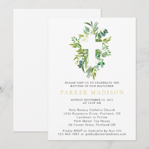 Invitation Eucalyptus Floral Greens Aquarelle Croix Baptême