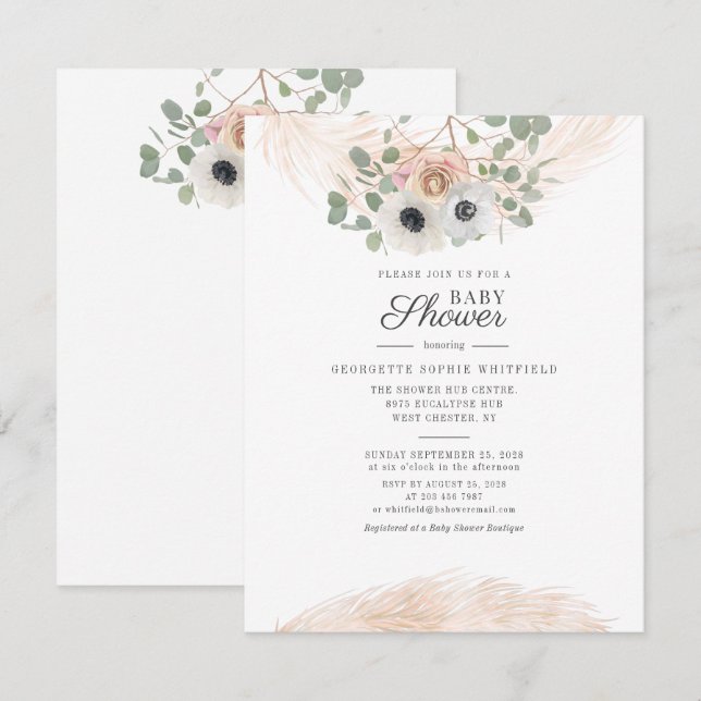 Invitation Eucalyptus Floral Pampas Baby shower de script en  (Devant / Derrière)