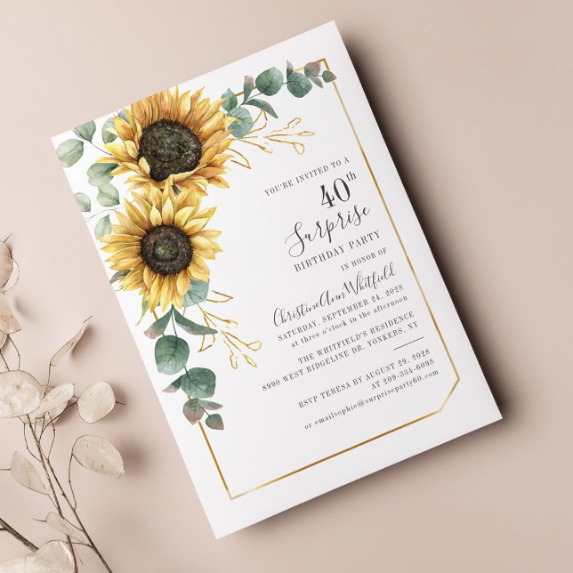 Invitation Eucalyptus Floral Tournesol 40e fête d'anniversair (40th Birthday Sunflower Eucalyptus Greenery Surprise Party invitation)