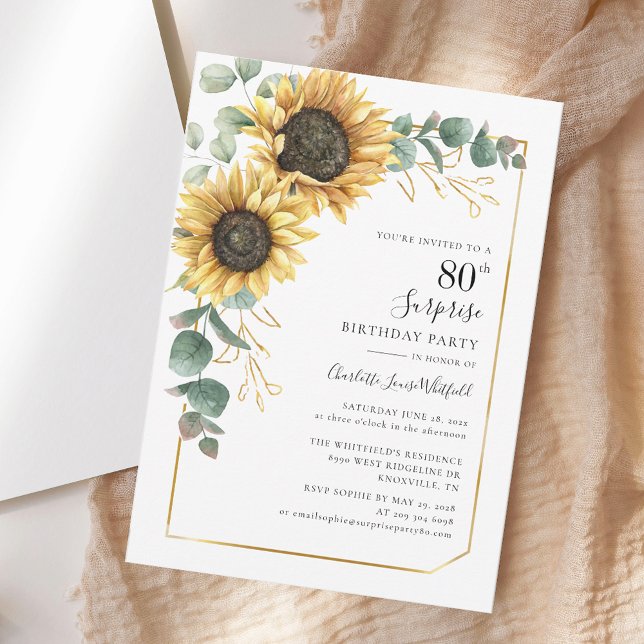 Invitation Eucalyptus floral tournesol Surprise 80e anniversa (Floral Eucalyptus Sunflower Surprise 80th Birthday Invitation)