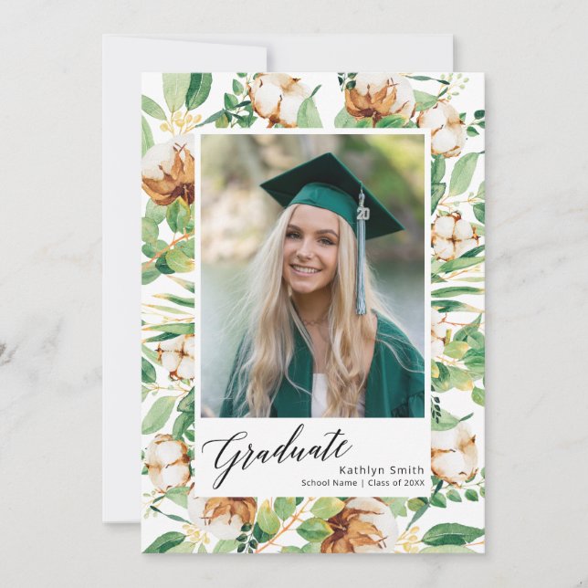 Invitation Eucalyptus Floral Verdure Script Photo Graduation (Devant)