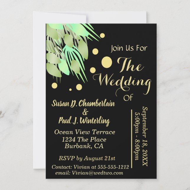 Invitation Eucalyptus floral Vert Mariage noir & or (Devant)
