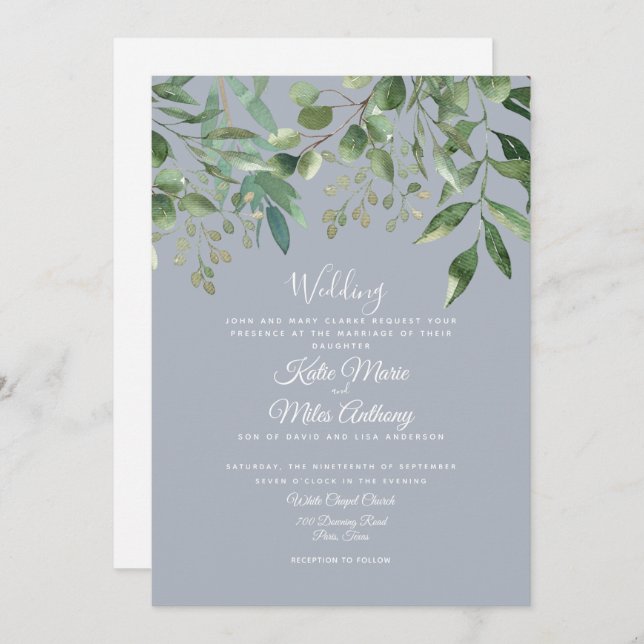 Invitation Eucalyptus Foliage Dusty Blue Mariage Invit (Devant / Derrière)