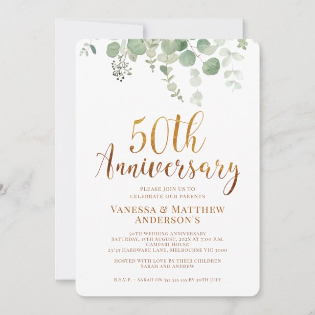 Invitation Eucalyptus Foliage Or 50e anniversaire (Devant)
