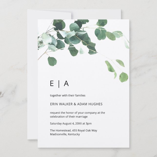 Invitation Eucalyptus Foliage Rustique Kraft Initiales Mariag (Devant)