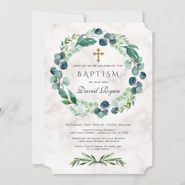 Invitation Eucalyptus Foliage Wreath Cross Marble Boy Baptême (Devant)