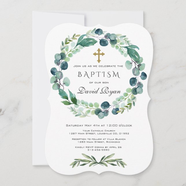 Invitation Eucalyptus Foliage Wreath Gold Cross Boy Baptême g (Devant)