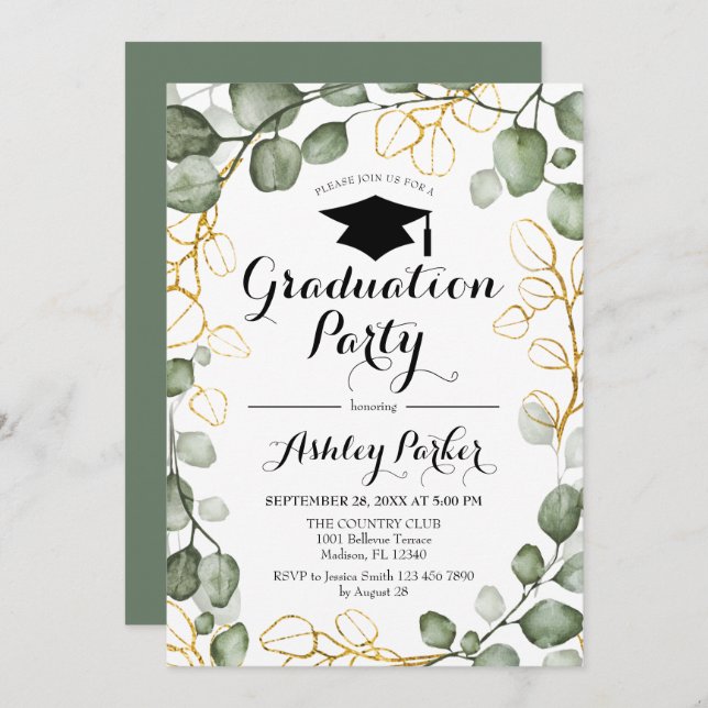 Invitation Eucalyptus Foliage Wreath Graduation Party (Devant / Derrière)