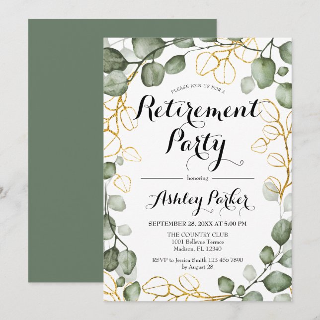 Invitation Eucalyptus Foliage Wreath Retirement Party (Devant / Derrière)