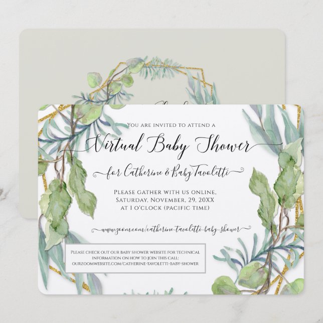 Invitation Eucalyptus Foliage Wreath Virtual Baby Boy Douche (Devant / Derrière)