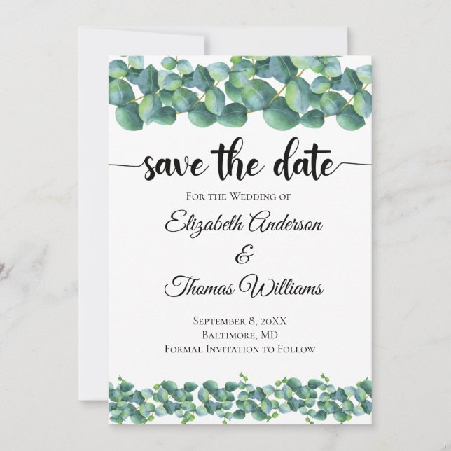 Invitation Eucalyptus Formal Elegant Enregistrer la date (Devant)