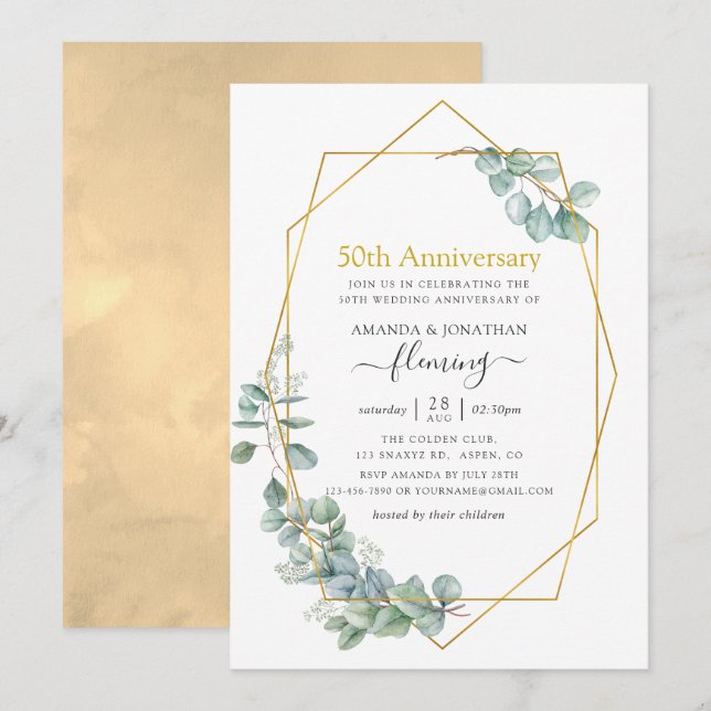 Invitation Eucalyptus géométrique 50e anniversaire de Mariage (Devant / Derrière)