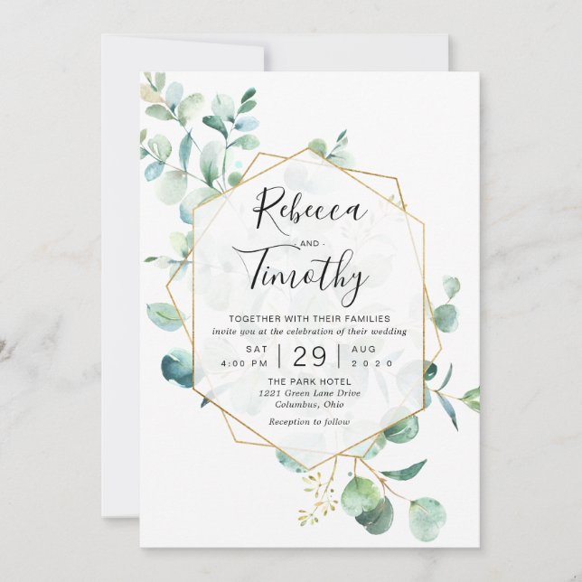 Invitation Eucalyptus Géométrique Or Mariage vert (Devant)