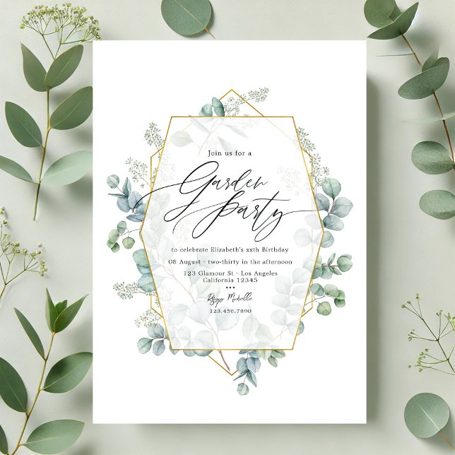 Invitation Eucalyptus géométrique tendance Herbier Fête de ja (Trendy Eucalyptus Geometric Herbarium Garden Party Invitation)