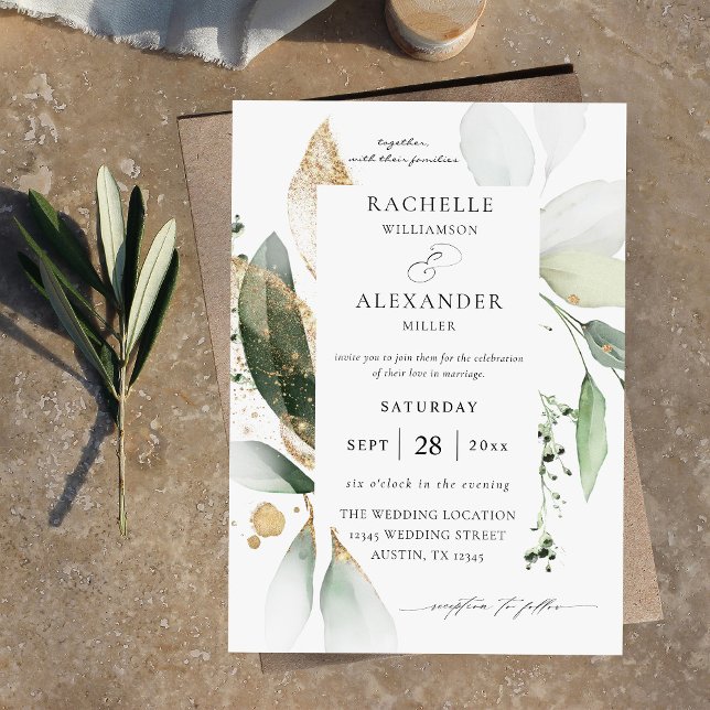 Invitation Eucalyptus Glow Gold Green 2 Mariage (Créateur téléchargé)