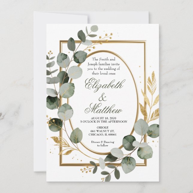 Invitation Eucalyptus Gold Botanical Wreath Wedding Invitatio (Devant)