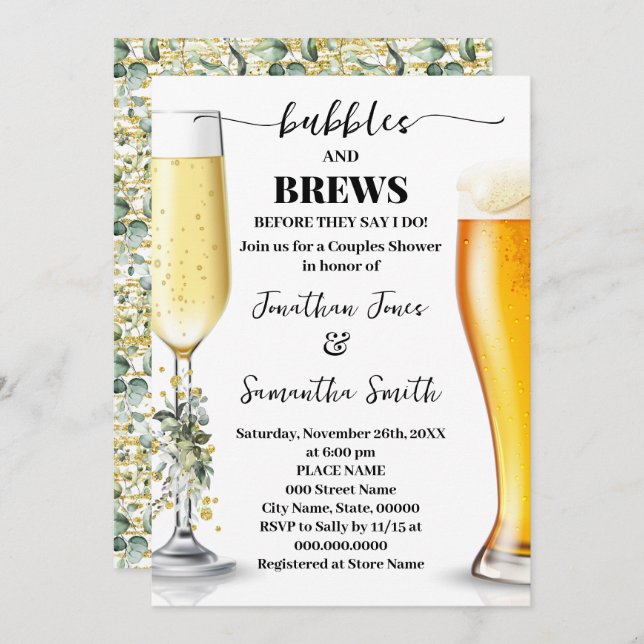 Invitation Eucalyptus & Gold Bubbles and Brews Couples Douche (Devant / Derrière)