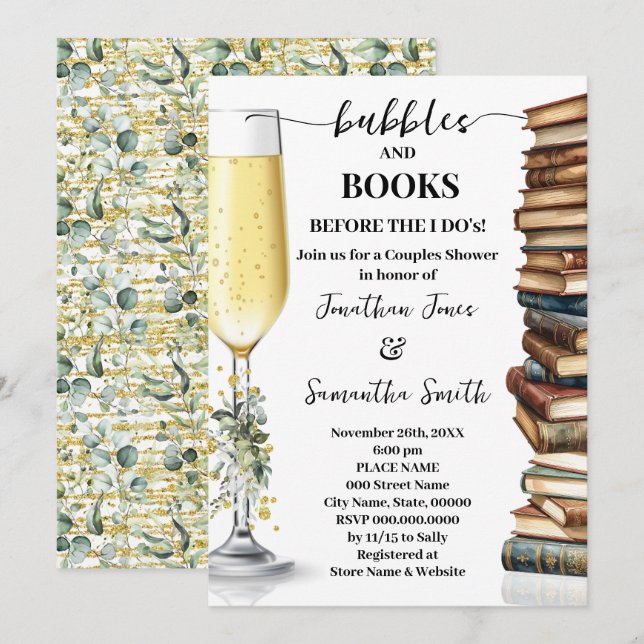 Invitation Eucalyptus Gold Bubbles & Books Couples Shower (Devant / Derrière)