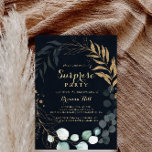 Invitation Eucalyptus Gold Calligraphie Blue Surprise Party<br><div class="desc">Cette invitation à la fête surprise bleue calligraphie or eucalyptus est parfaite pour un simple anniversaire, la retraite ou toute fête surprise. Cette conception artistique présente des feuilles d'or dessinées à la main et des feuilles d'aquarelle vert eucalyptus dans un arrière - plan bleu foncé, joliment disposées dans un cadre...</div>
