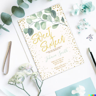 Invitation Eucalyptus Gold Confetti Sweet sixteen Anniversair