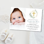 Invitation Eucalyptus Gold Cross Script Photo Baptême<br><div class="desc">Une élégante invitation au baptême avec la photo de votre fils ou de votre fille,  une aquarelle illustration d'une croix d'or à l'intérieur d'un cadre de couronne géométrique dorée orné de vert sauge vert eucalyptus vert et leur nom dans un script de calligraphie verte sage.</div>