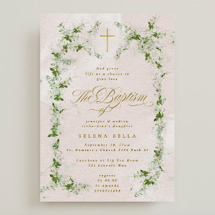 Invitation Eucalyptus Gold Cross Wreath Girl Baptism
