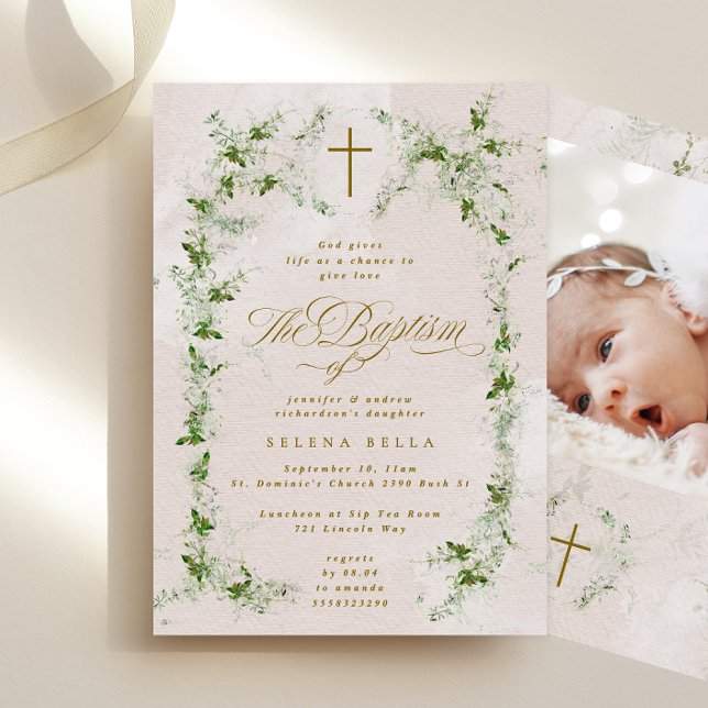 Invitation Eucalyptus Gold Cross Wreath Girl Baptism Photo (Créateur téléchargé)