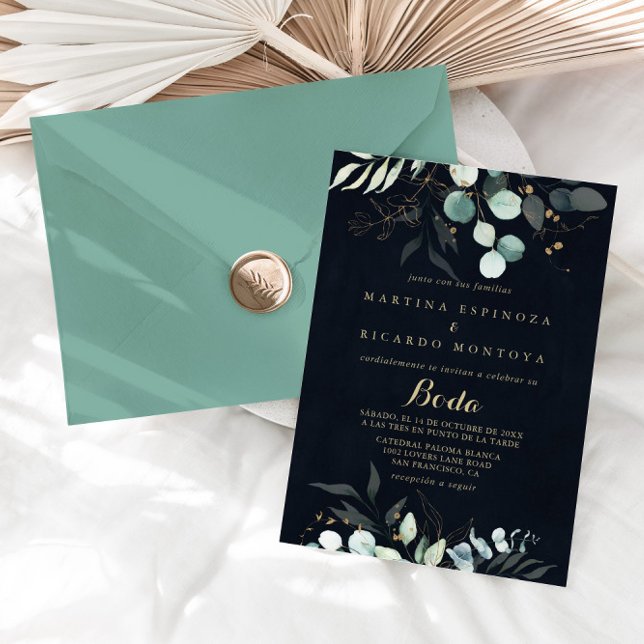 Invitation Eucalyptus Gold Floral Bleu Mariage espagnol (Créateur téléchargé)